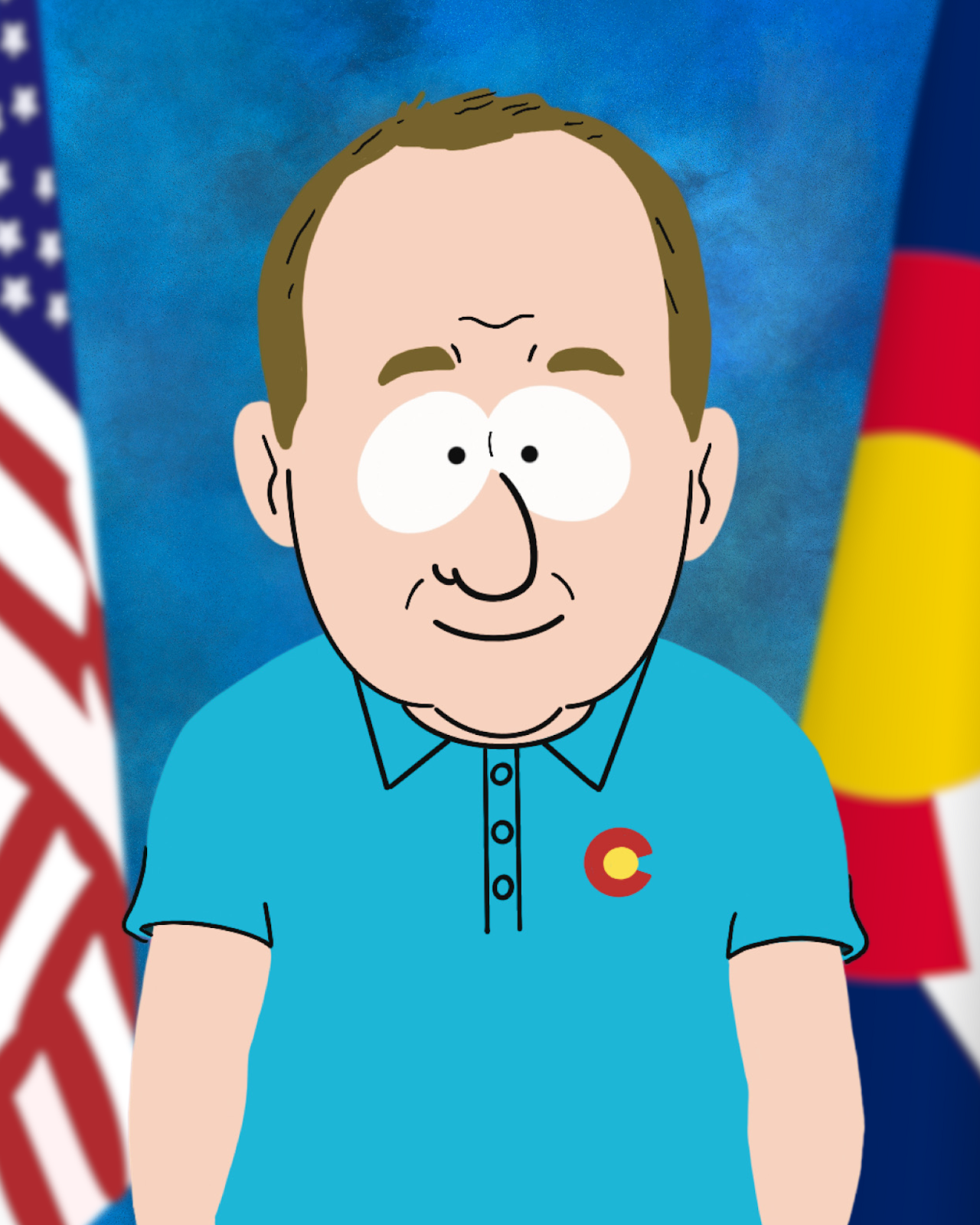 An animated image, inspired by the art of South Park, of Governor Polis standing infront of a Colorado and United States Flag