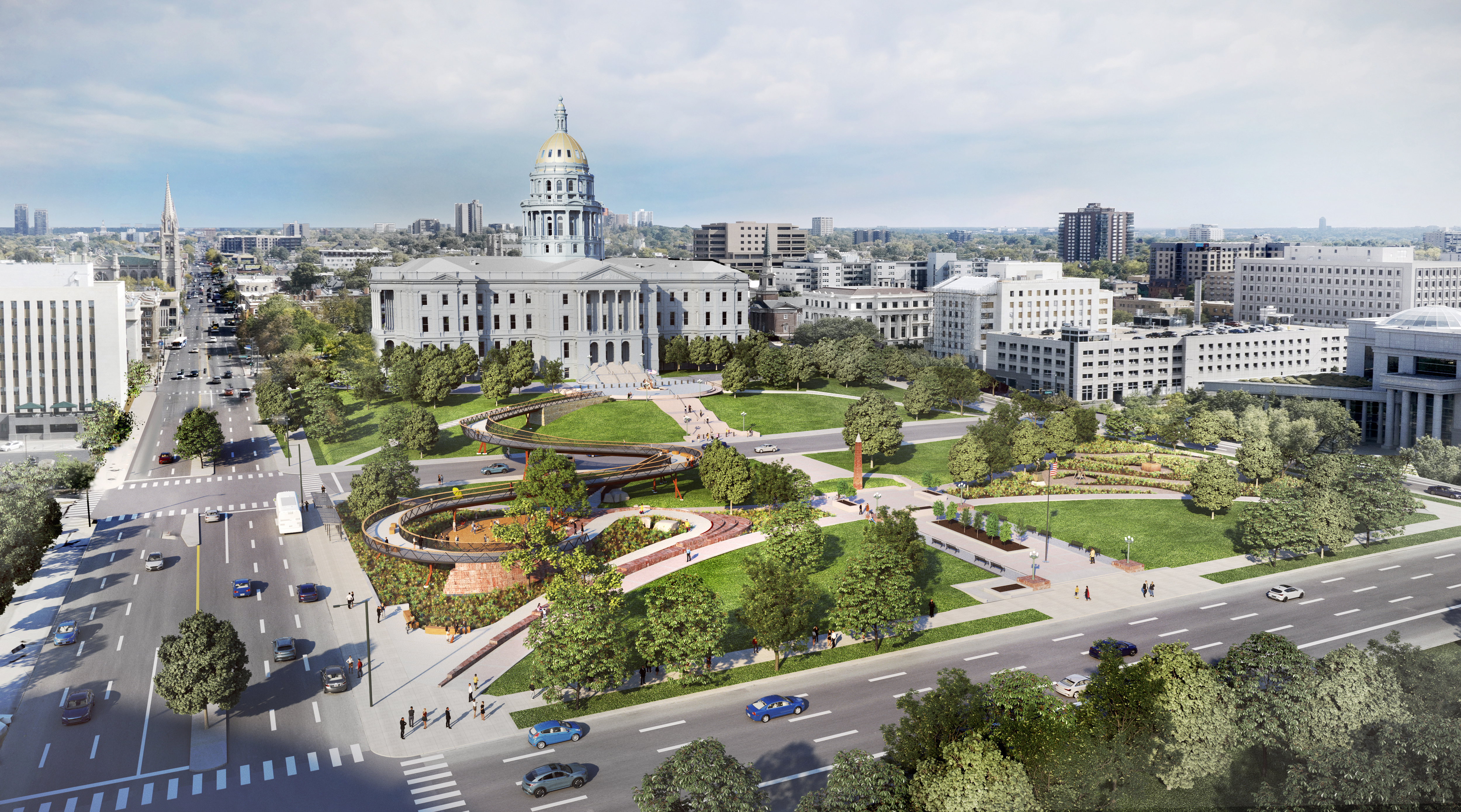Aerial rendering of the Colorado 150 Pedestrian Walkway. The walkway is shown connecting the Colorado State Capitol and Lincoln Veterans' Park. 