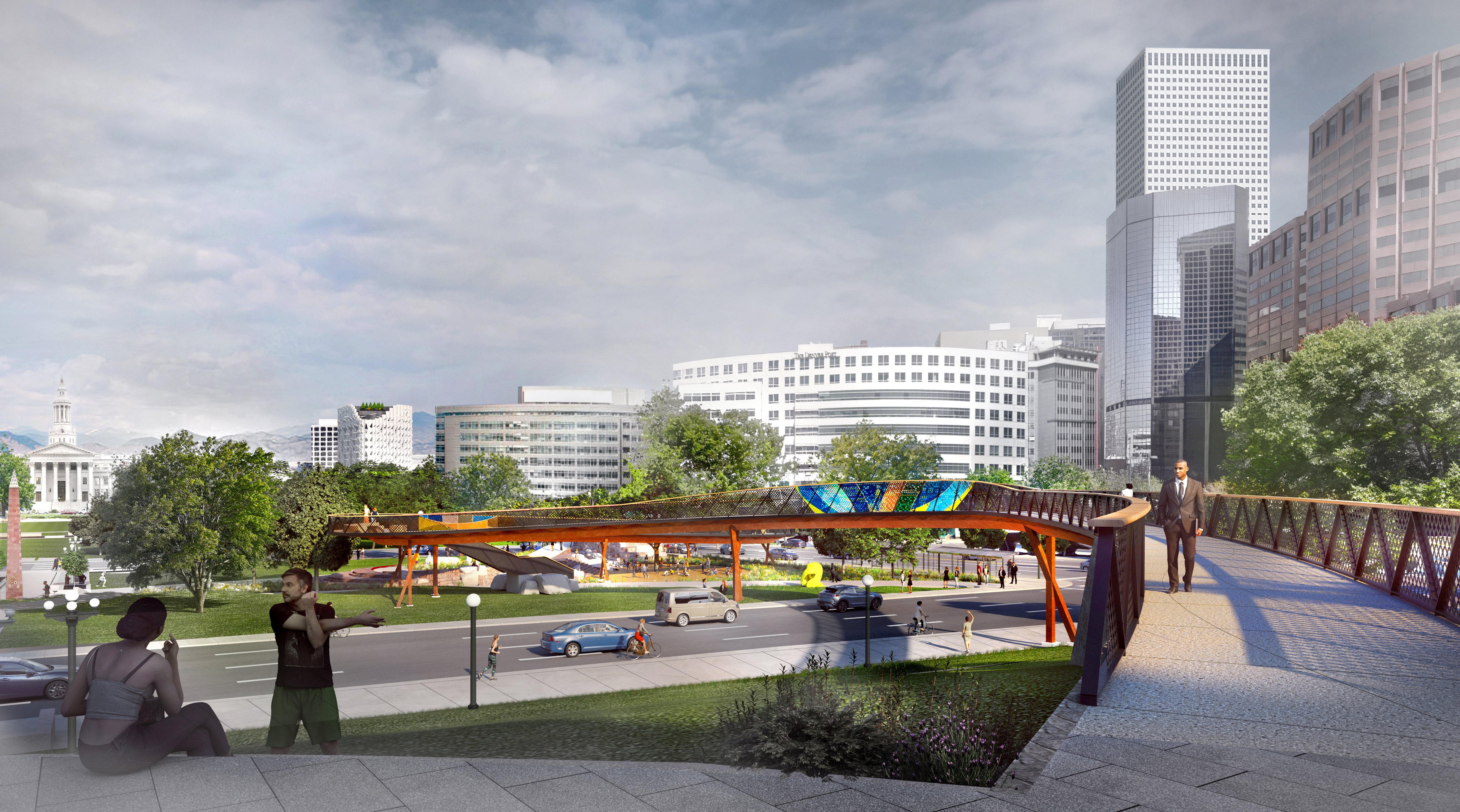 View of the walkway from the Colorado State Capitol building as it crosses over Lincoln St. 