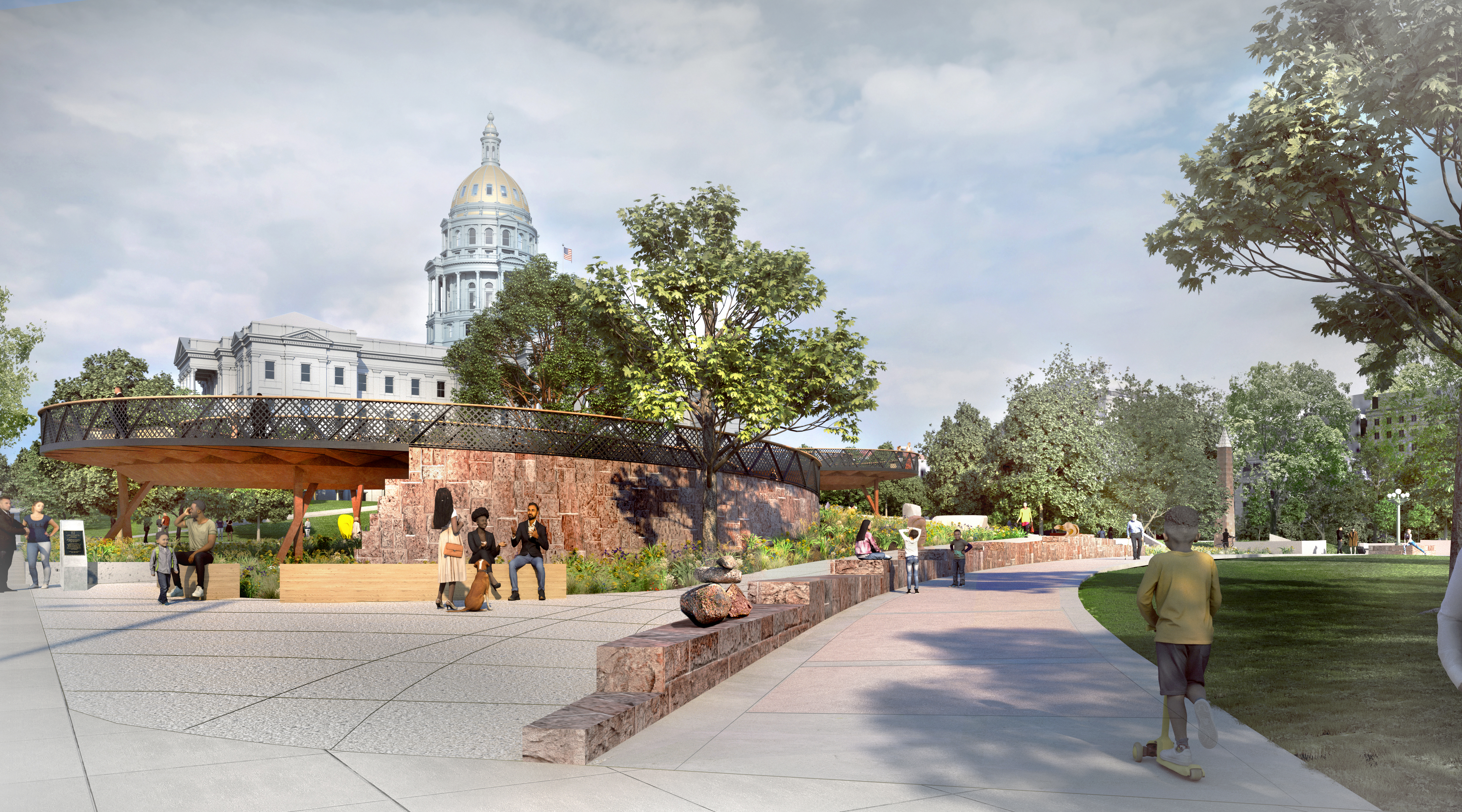 View of the walkway from Lincoln Memorial Park. The Colorado State Capitol building is in the background. 