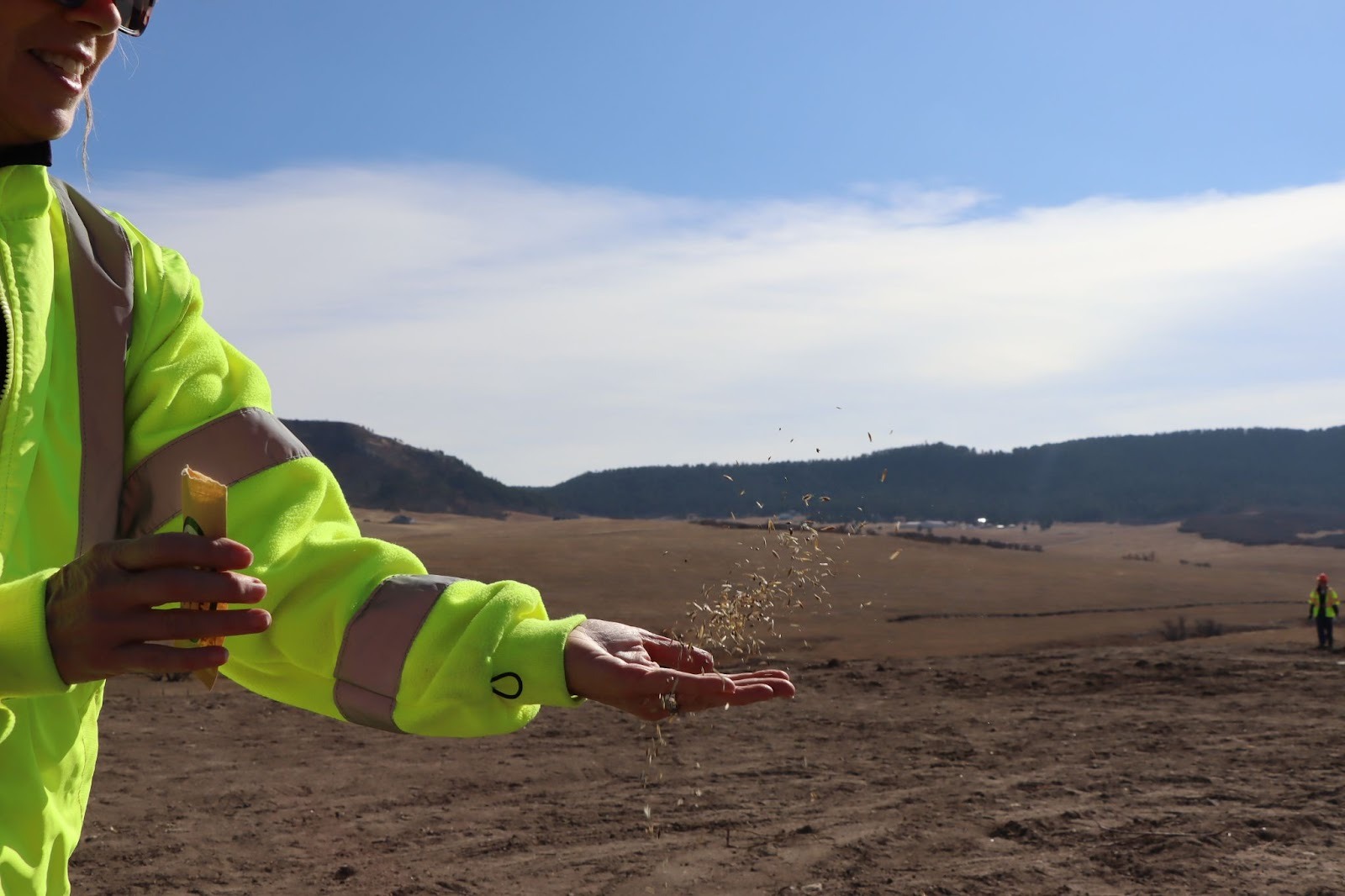 A worker scattering seeds on the overpass