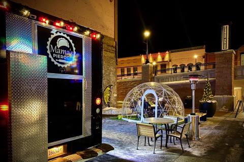 Outdoor dining area in Glenwood Springs at night