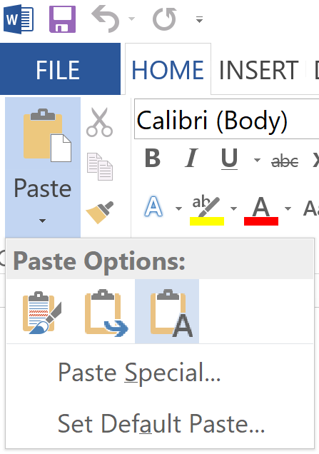 Screenshot of microsoft word interface showing the home tab with paste options tool expanded, displaying various paste settings.