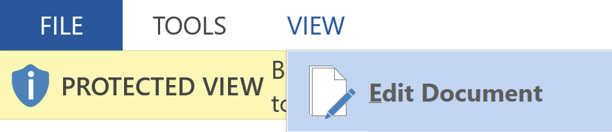 A screenshot of a software interface showing tabs labeled "file", "tools", and "view", with a highlighted "protected view" bar and an "edit document" button.